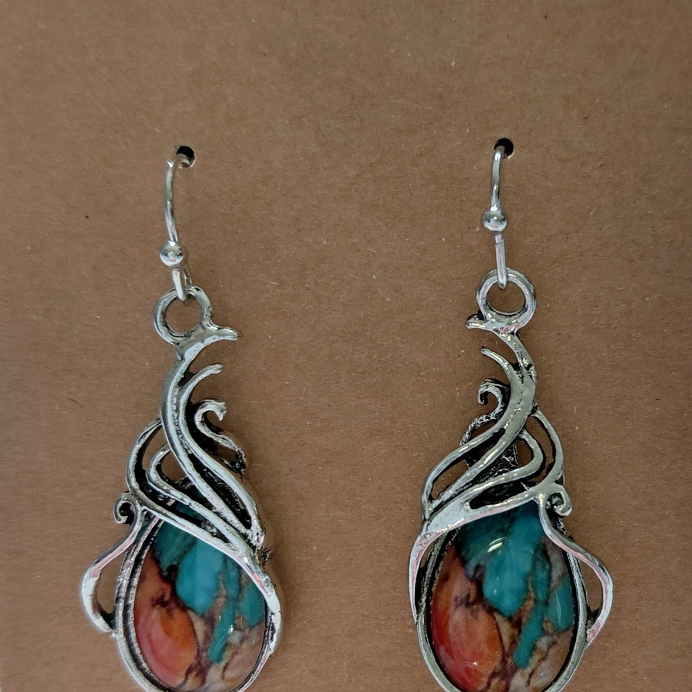New Temu Bohemian Turquoise & Coral Drop Dangle Earrings